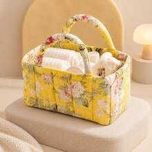 Floral Fabric Storage Basket With Handles, Quilted Organizer Bin For Bedroom, Bathroom, Closet And Shelves, Portable Clothes And Cosmetics Storage Box For Home Decor - Multicolor - View 9