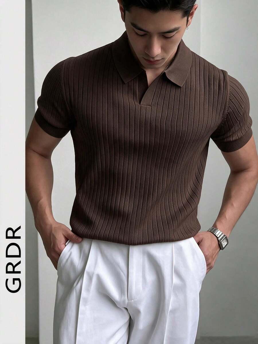 GRDR Men's Summer Knit Polo Shirt, Solid Color Short Sleeve Knitted Collar, Suitable For Summer Outings, Essential For Fashionable Outfit