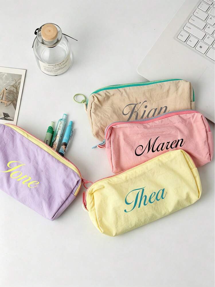 客製化刺繡姓名鉛筆袋，個性化文字拉鍊筆袋，大容量文具收納包，美學校園用品，適合女學生客製化禮物 - 彩色 - 查看 6
