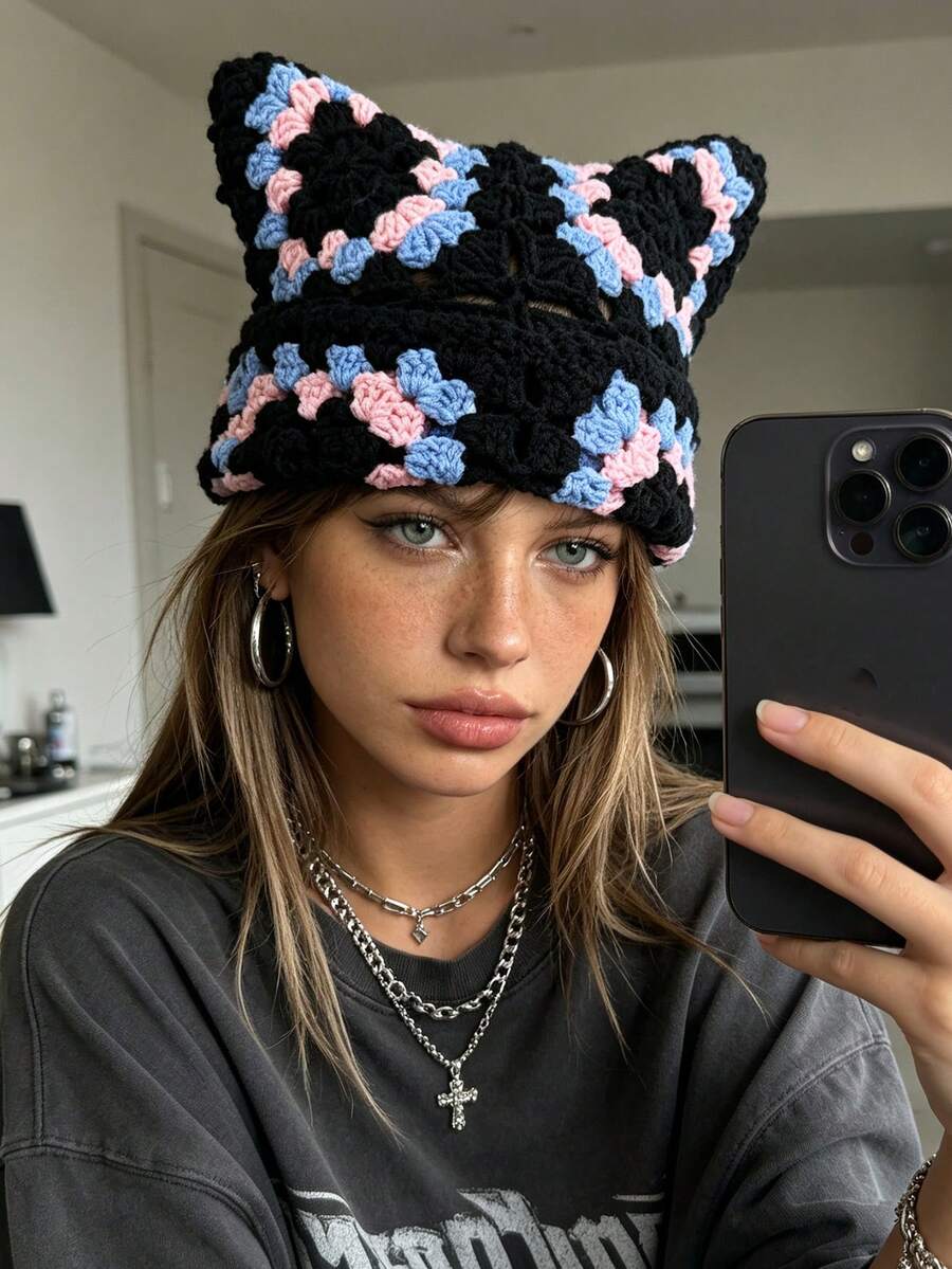1pc Women's Handmade Y2K Cat Ear Knitted Hat, Cool Punk Style Handmade Hat, Suitable For Daily Street Wear And Parties - Multicolor - View 1