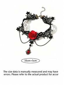 1pc Halloween Black Lace Rose Necklace For Women, Vintage Dark Gothic Style Red Flower Choker, Niche Party Outfit Neck Accessory - Black - View 5