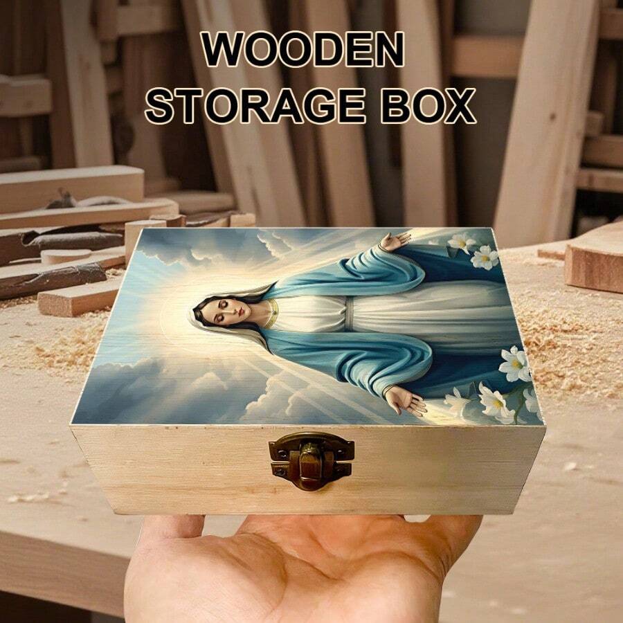 1pc Wooden Storage Box, Gift Box With Sacred Illustration, Prayer Box, Small Keepsake Organizer For Home Decor, Spiritual Items Storage, Keepsake Organization, Rustic Spiritual Home Decor - Multicolor - View 1