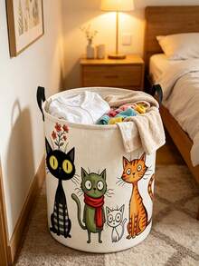 Large Capacity Foldable Cat Laundry Basket With Handle - Cute Tabby Cat Face Storage Bin, Dirty Clothes Organizer, Portable Polyester Storage Bag, Suitable For Bedroom, Dorm, Room - Space-Saving Laundry Basket, Essential Home Helper - Multicolor - View 9