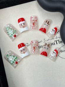 10pcs/Set Y2K Nails Handmade, White Nails, Red Nails, Christmas Tree Nails Nails & Santa Claus Pattern Nails, Perfect For Parties & Daily Wear. Handmade Duck Nails. Handmade Press On Nails Duck, Fake Nails, Acrylic Nails, Cute Nails, Christmas Nails - Multicolor - View 10