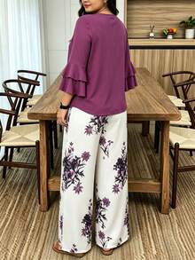 Bộ đồ nữ size lớn 2 món, áo tay bèo xếp lớp và quần ống rộng họa tiết hoa - Màu tím - Xem 2
