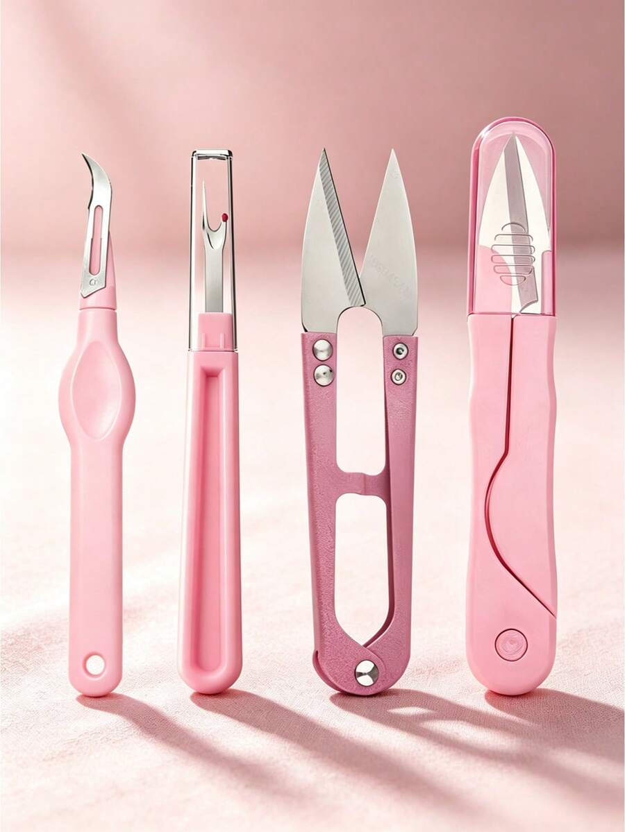 4Pcs Cute Pink Sewing Kit Including Seam Rippers And Thread Cutters, Sharp Embroidery Thread Snips For Cross Stitch & Fabric Craft, Small Portable Scissors For Needlework, Cross Stitch & DIY Fabric Crafts - Pink 4PCS - View 1