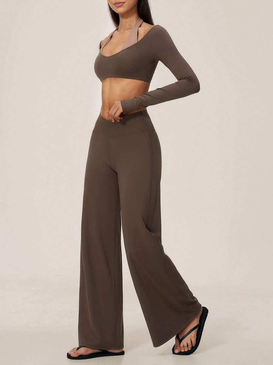 TimeOff Women's One Set Autumn/Winter Colorblock Halter V-Neck 2 In 1 Long Sleeve Cropped Top & Criss-Cross V-Waist Wide Leg Pants Yoga Set - Brown - View 1