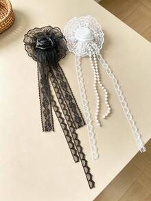 1pc Women's Lolita Lace Rose Ribbon Hair Accessory, Vintage Pearl Tassel Ruffle Hair Clip, Gothic Style Cosplay Photography Matching Headpiece - Multicolor - View 5