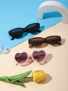1set 3pcs Unisex 3-8Y Kids, Heart & Cat Eye & Rectangle Frame, PC Material, Cute Retro Fashion Glasses, For Party & Daily Wear With Glasses Box - Multicolor - View 1