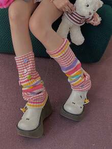 1pair Colorful Millennial Hot Girl Striped Socks-Contrast Color Ins Style Pile Knitted Yarn Leg Cover-Pay Attention To The Random Color Position Of Color Buttons - Multicolor - View 2