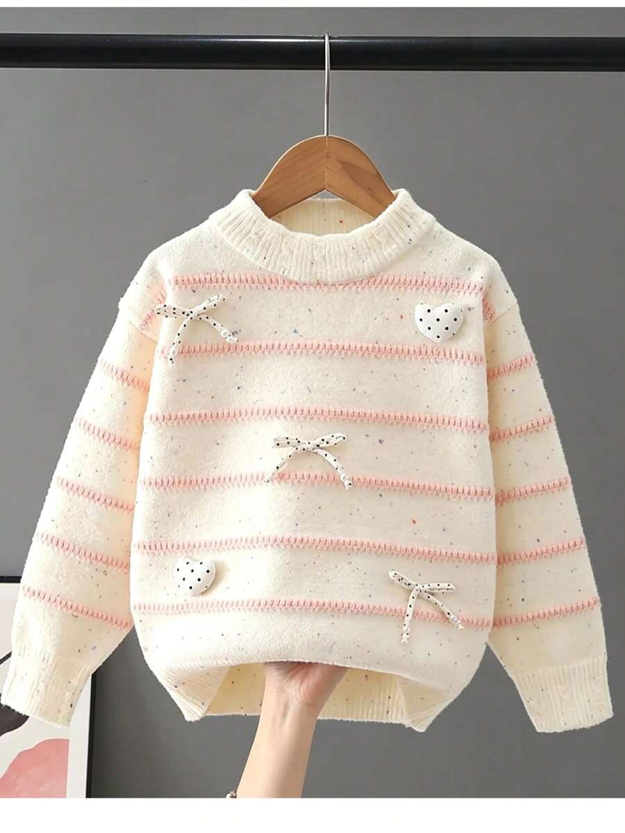 Children's Crew Neck Pullover Knit Sweater, New Autumn/Winter Striped Sweater For Girls - Beige - View 1