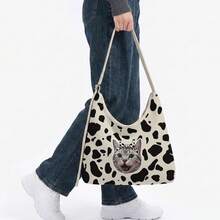1Pc Custom Pet Dog Photo Print Cow Pattern Canvas Large Capacity Zipper Hobo Shoulder Bag For Daily Commute Shopping Party Or Gift - Multicolor - View 3