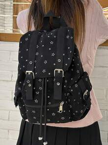 A Minimalist Large Capacity Multi-Pocket Striped Backpack - Black - View 5