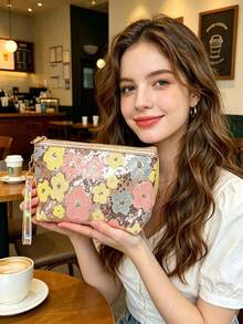 1pc Large Capacity Sequin Floral Fashion Makeup Bag With Handle And Zipper, Portable Cosmetic Storage Organizer For Phone, Coins, Data Cable, Etc., Suitable For Women, Home, Travel, Business Trip, Daily Commute, All Seasons - Multicolor - View 2