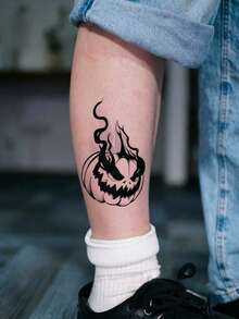 1pc Temporary Tattoo Sticker, Black & Grey Stippling Flaming Demon Pumpkin Pattern, Realistic Fake Tattoo Design, For Daily Wear, Bachelorette Party Favors, Music Festival, Game, Graduation Gift, Lasts 3‑5 Days - Black - View 5