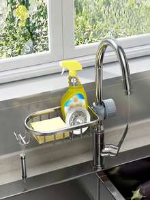 1 Pack Stainless Steel Kitchen Faucet Storage Rack, No-Drill Sink Organizer Shelf, Rust-Proof Bathroom Shower Caddy Holder For Sponge, Soap, Brush, Drain Rack, Kitchen Bathroom Accessories, Home Essentials, All Seasons - A - View 3