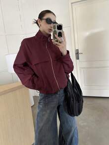 Jaket Wanita Musim Gugur Model Baru dengan Resleting dan Lengan Raglan - Burgundy - View 8