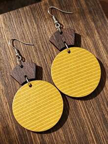 1 Pair Vintage Fan-Shaped & Round Patchwork Color-Block Striped Double-Layer Wooden Earrings - Round - View 4