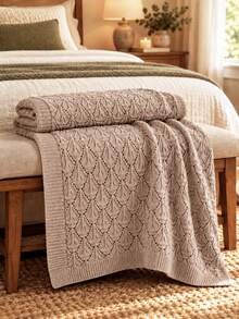 1pc Breathable Hollow Knit Throw Blanket, Soft Skin-Friendly Sofa Blanket, Bedroom Bed Throw, Suitable For All Seasons - Khaki Grey - View 2