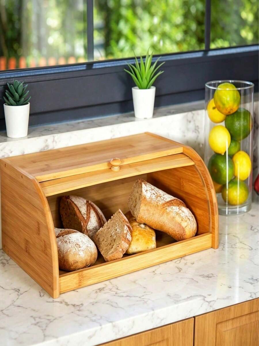 Wood Roll Top Bread Box, Natural Solid Wood Moisture-Proof Air Circulation Storage Container, Large Capacity Countertop Bread Keeper With Slatted Base, Rustic Kitchen Storage For Homemade Buns Loaves Pastries, Ideal For Home Cooks, Family Households - Multicolor - View 1