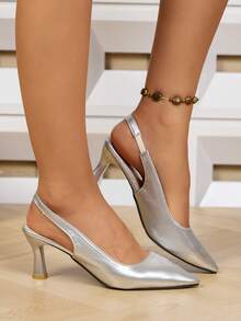 Silver Shiny Pointed Toe Slingback High Heel Shoes, Elegant Thin Heel Backless Pumps, All-Season Versatile Fashion Heels For Women, Suitable For Party, Date And Casual Wear - Silver - View 4