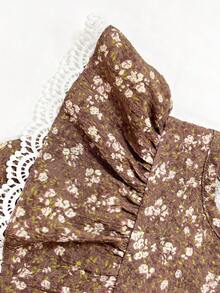 Tween Girls Tween Girl Autumn/Winter Brown Ditsy Floral Print Patchwork Lace Ruffle Flutter Sleeve Cinched Waist A-Line Pastoral Vacation Dress - Multicolor - View 5