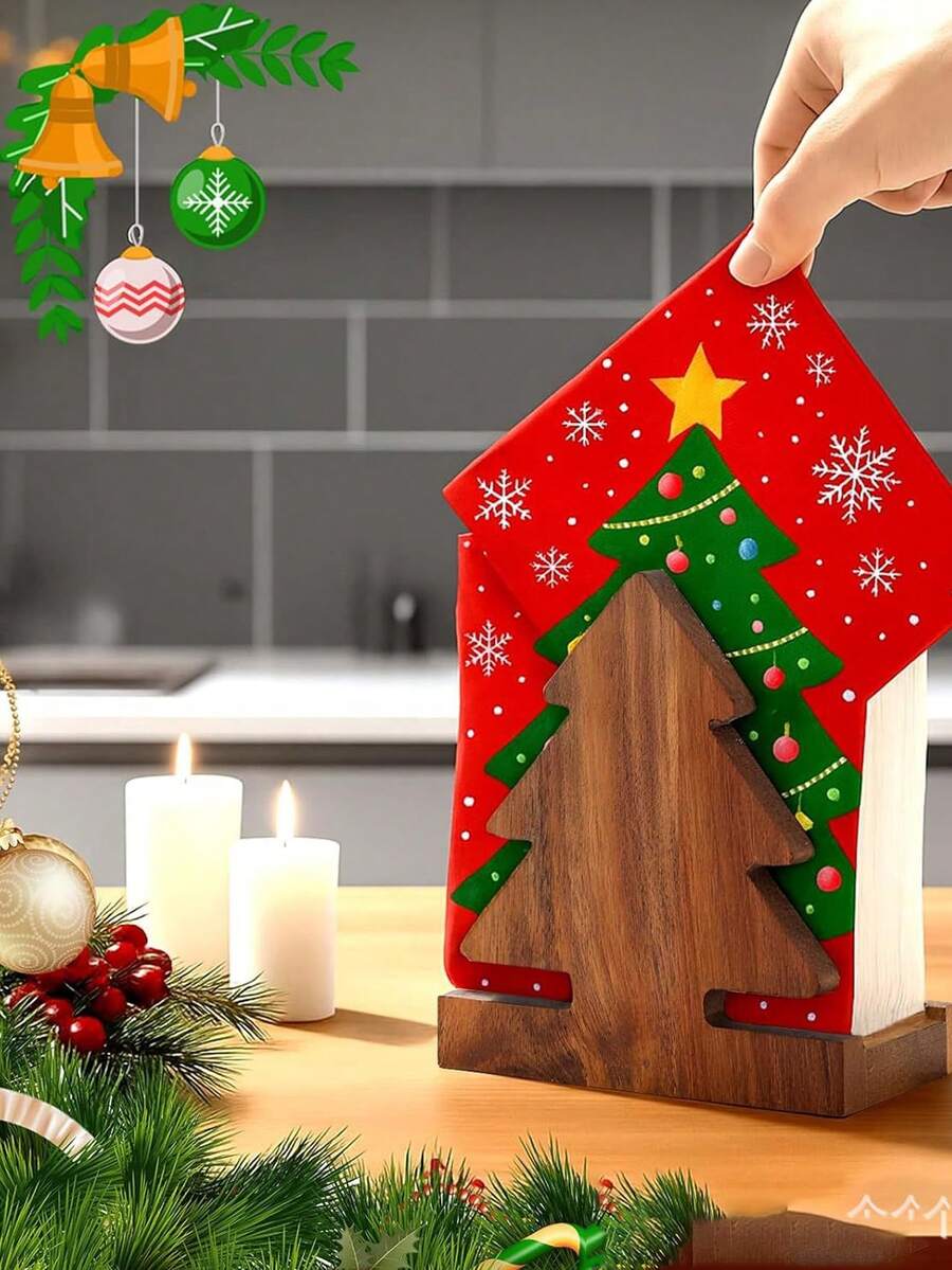 2D FLAT Christmas Tree Decorative Kitchen Paper Towel Holder - Desktop Tabletop Restaurant Paper Towel Storage (Combines Display And Storage Functions), Rustic Farmhouse Style Christmas Tree Design, Suitable For Kitchen, Bathroom, Living Room And Dining Room, Decorative Ornament To Create A Warm Christmas Atmosphere. - Multicolor - View 1