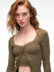 ELVURA Women's Flexible Fabric Lace Detailed Collar Buttoned Blouse And Tank Top Two Pieces Set Khaki Blouse - Khaki - View 3