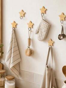 5pcs Star-Shaped Self-Adhesive Wall Hooks, No-Drill Wooden Hooks, Strong Adhesive Wall Hooks, Suitable For Home, Bathroom, Kitchen, Bedroom, Dorm, Office, Bathroom Accessories, Room Decor, Christmas Home Decor - Multicolor - View 3