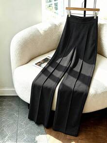 Fashion Plus Size Black Wide Leg Pants For Women, Elegant Long Non-Stretch Fabric Trousers, Creating A High-End Look - Multicolor - View 3