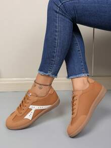 NOBLEARL Women Contrast Color Faux Leather Lace Up Sneakers, Round Toe Flat Casual Daily Walking Shoes - Brown - View 2
