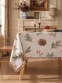 1pc Christmas Winter Minimalist Pine Branch Berry Pine Cone Pattern Polyester Cotton Lace Tablecloth, Stain-Resistant With Tassel Fringe, Suitable For Square/Round Tables, Kitchen, Dining Table, Coffee Table, TV Stand, Entryway, Party Holiday Decor, Home Decor, Christmas Gathering - Multicolor - View 5