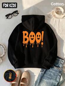 Halloween Autumn Winter Girls Hooded Fleece Sweatshirt With Orange Dripping BOO! And  Print, - Black - View 4