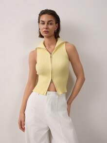 Women's Minimalist Butter Yellow Solid Color Zip-Up Collared Sleeveless Ribbed Knit Top Summer - Yellow - View 6