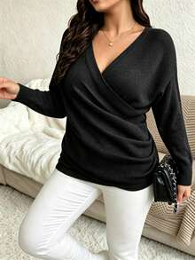 Plus Size Solid Color Casual Fashion V-Neck Long Sleeve Cross Knit Sweater - Black - View 4