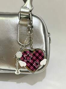 Cute Heart Wing Compact Mirror Keychain, Y2K Guitar Microphone Charm Bag Pendant, Aesthetic Makeup Mirror Keyring Gift - Silver - View 3