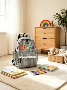 1pc Personalized Striped Lace Backpack, Large Capacity Lightweight Daily Use Bag, Customized Embroidered Name, Suitable For School, Commute And Travel, Perfect Gift - Multicolor - View 10
