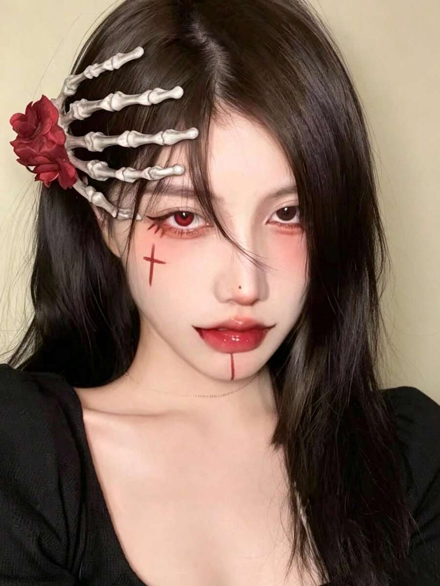 1PC Halloween Rose Skull Hand Hair Clip, Gothic Style Bone Hand Hair Accessory, Dark Exaggerated Ghost Claw Decorative Ornament - Multicolor - View 1