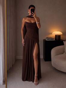 ADYCE Elegant Halter Neck Tie Sweetheart Neckline High Waist Pleated High Slit Backless Floor Length Party Dress, Suitable For Prom, Birthday, Christmas, Wedding - Coffee Brown - View 8