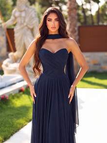 Elegant Women's Long Chiffon Evening Gown, Sleeveless Strapless Flare Skirt, Pleated Design, Suitable For Formal Occasions, Parties And Weddings - Navy Blue - View 4
