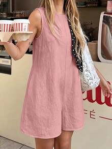 DORISS Summer Apricot Sleeveless Loose Short Jumpsuit Linen Material Casual Street Work Travel - Ash - View 4