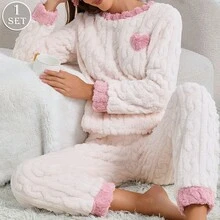 Women's White Autumn/Winter Round Neck Heart Pattern Long Sleeve Plush Pajama Set, 2 Pieces Casual Comfortable Loungewear - White - View 6