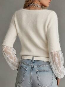 ii Women's Round Neck Contrast Lace Cuff Elegant Sweater - White - View 4