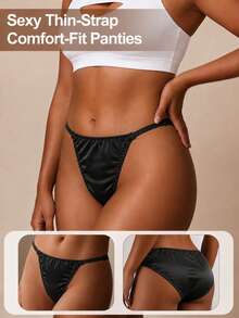 5pcs/Set Women's Shiny Silk-Like Satin Bikini Panties, Elastic Triangle Panties, Soft Comfortable Solid Color Sexy Daily Underwear, Hand Wash - Multicolor - View 3