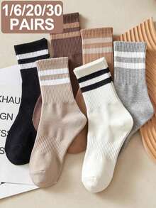 Random 1/6/20/30 Pairs Women's Striped Breathable Business Casual Sports Running Cycling Versatile Student Mid-Calf Socks - Multicolor - View 2