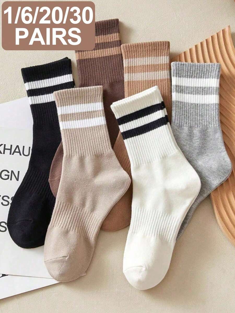 Random 1/6/20/30 Pairs Women's Striped Breathable Business Casual Sports Running Cycling Versatile Student Mid-Calf Socks