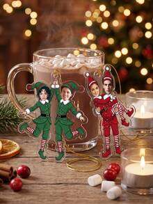 1pc Personalized Photo Elf Couple Christmas Ornament,Custom Xmas Tree Hanging Pendant,Cartoon Elf Costume Customized Portrait Holiday Keepsake Decor Gift For Lovers Family - Multicolor - View 3