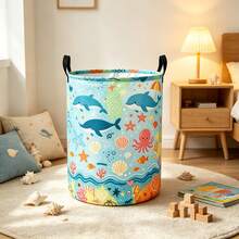 1PC Cute Ocean Marine Life Print Storage Basket With Handles, Cartoon Whale Octopus Seashell Starfish Pattern Laundry Hamper For Clothes And Sundries, Multi‑Purpose Storage For Clothes Sundries, Home Decor & Room Decor - Multicolor - View 4