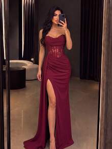 Elegant Women's Knitted Fabric Evening Gown, Sleeveless Strapless Cinched Waist Slim Fit With Slit And Corset Design, Suitable For Formal Occasions Or Prom Night - Red Violet - View 5
