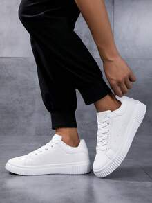 Men's White Round Toe Lace-Up Thick Sole Casual Sneakers, Soft Bottom Lightweight All-Season Sports Shoes - White - View 4